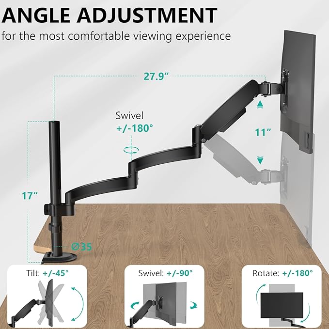 WALI Single Long Monitor Arm - up to 32 inch Computer Monitor Arm Desk Mount, Hold up to 19.8lbs, Extra Long Adjustable Stand, Full Motion Tall Arm, VESA 75/100mm, (GSDM001L)