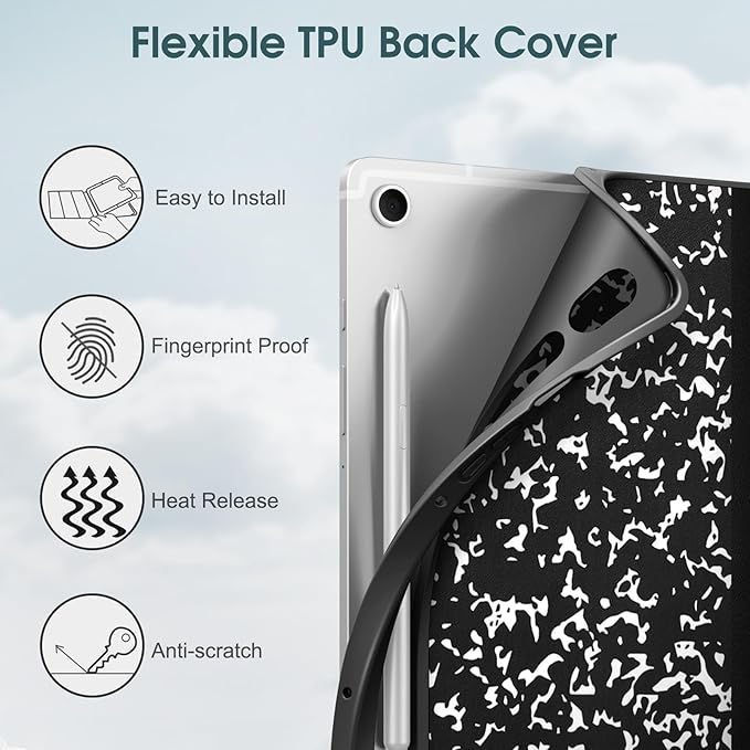 Fintie Slim Case for Samsung Galaxy Tab S10 Lite/ S10 FE/ S9 FE 5G 10.9 Inch/Tab S9 11 Inch with Built-in S Pen Holder, Soft TPU Smart Stand Back Cover Auto Wake/Sleep Feature, Composition Book Black