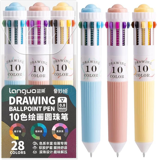 3 Park Multicolor Pens, 10-in-1 Colored Ballpoint Pen, 28 Colors, 0.8mm Fine Point Smooth Writing, Retractable Ballpoint Pens for Office School Students Children