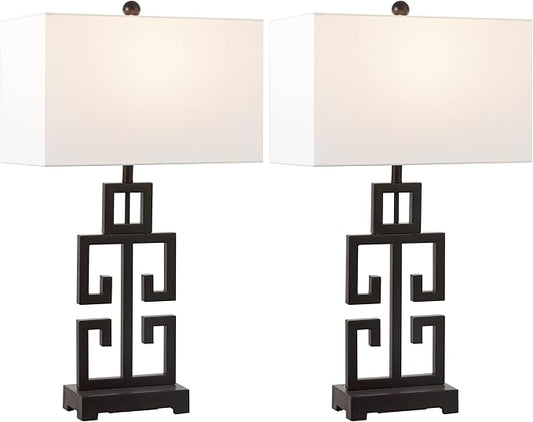 SAFAVIEH Lighting Collection – Greek Key Table Lamp Set of 2 – Oil-Rubbed Bronze Base with White Fabric Shade, LED Bulbs Included, 29-Inch Bedroom Living Room Desk Lamps (LIT4305B-SET2)