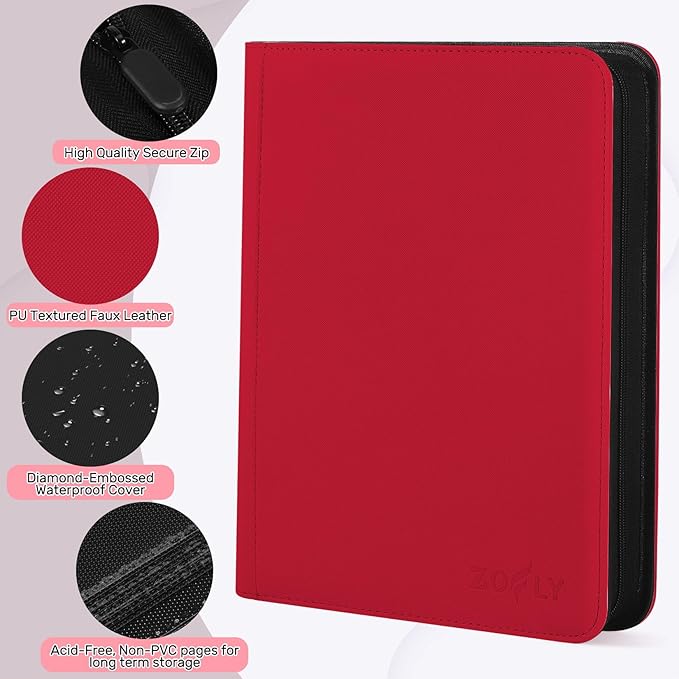 9 Pocket Trading Card Zip Binder, 540 Cards, Premium Baseball Card Storage Album, 30 Side-Loading Pages, Folder for Collectible Games, Sports, TCG, Red