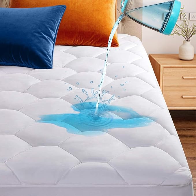 King Quilted Waterproof Mattress Pad Cover,Soft Mattress Pad Cover, Waterproof Mattress Protector Stretches up to 16” Deep Pocket-Hollow Alternative Filling-Cooling Mattress Topper
