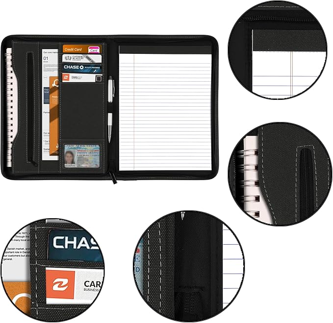 Zippered Portfolio Organizer/ A4 Refillable Lined Writing Notepad Folder Case/Fabric-Covered Padfolio Binder with Interior Storage Pocket for Men Women.