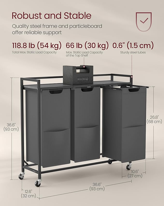 VASAGLE Laundry Sorter, 43.5 Gal. (165 L) Laundry Hamper Basket with 3 Compartments, Rolling Cart with Wheels, Shelf, Removable Bags, Pockets, Slate Gray and Charcoal Gray UBLH031G01
