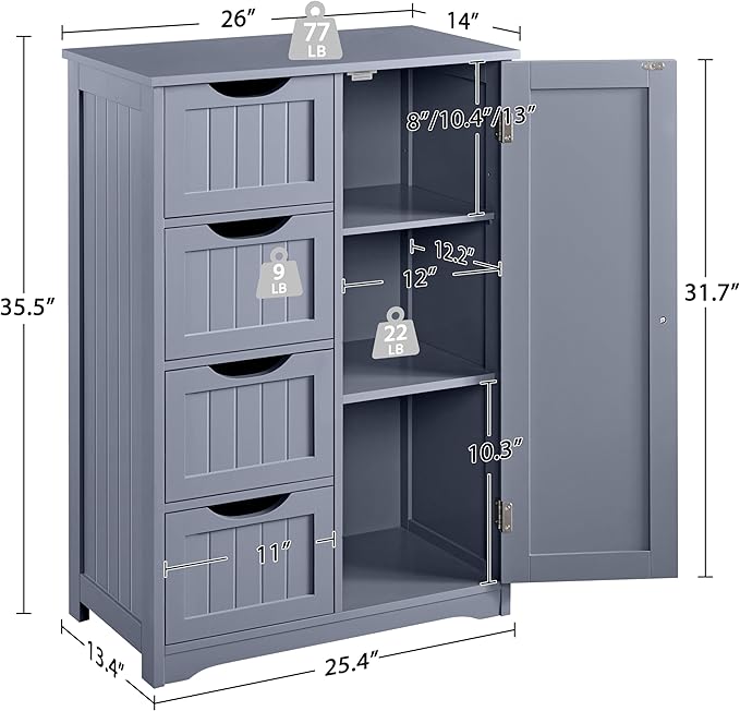 Yaheetech Large Bathroom Floor Cabinet with 4 Dawers and Single Door Cabinet, Freestanding Storage Cabinet for Living Room Kitchen Hallway, Gray