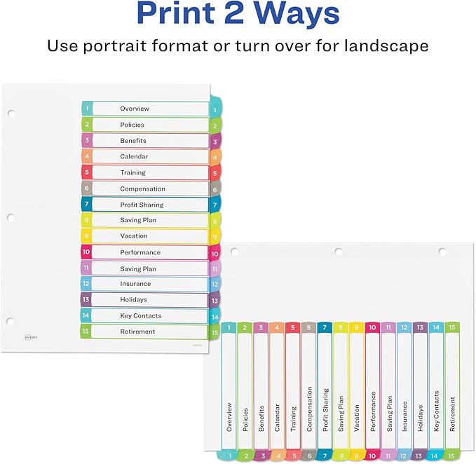 Avery Dividers for 3 Ring Binders, 15 Tabs per Set, Customizable Table of Contents, Multicolor Arched Tabs, Great for Organizing Reports, Projects, and More (11845)