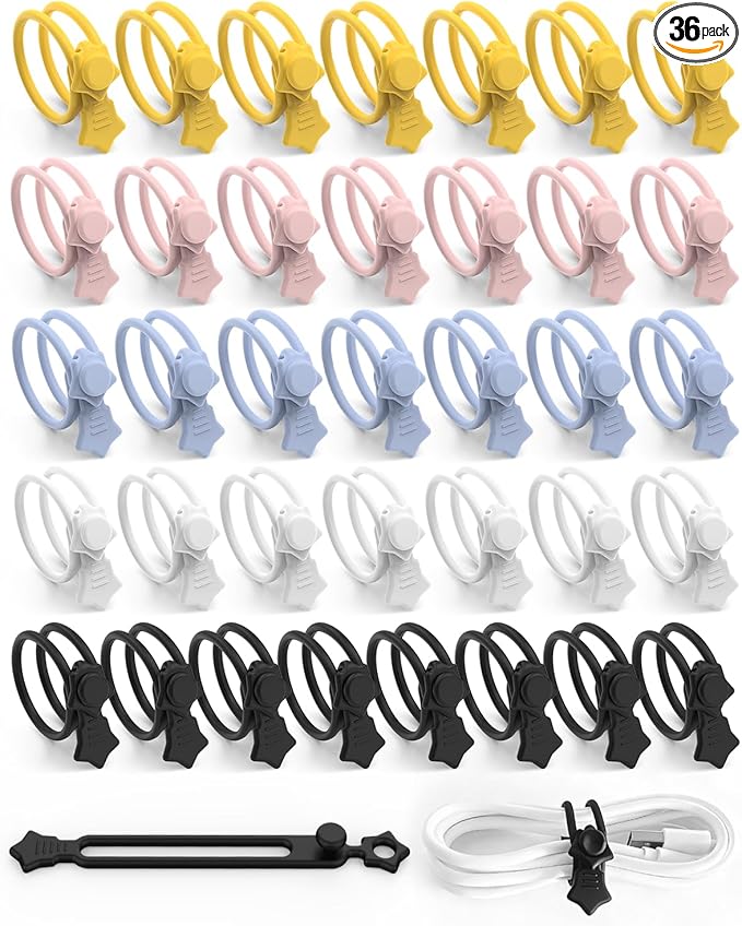 36-Pack Silicone Cable Ties, Reusable Cord Organizer Straps With 2 Binding Methos, Durable & Stretchable Wire Management for Home, Office, Travel (Multicolor)