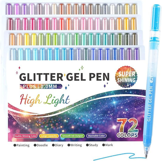 Glitter Gel Pens, 72 Colors Double Shining Colors Glitter Metallic Gel Ink Pen with 1.0 mm Large Capacity Smooth Writing Color Pens for Adult Coloring Note, Drawing, Art Supplies