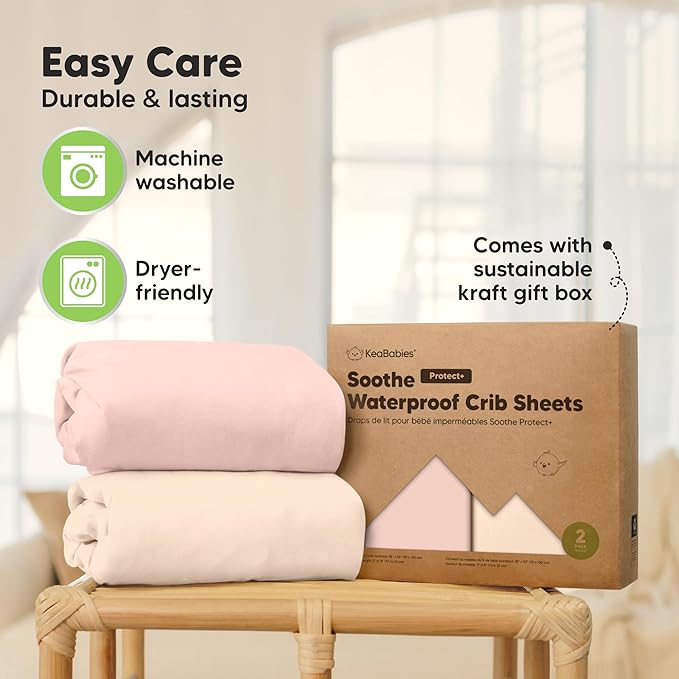 2-Pack Waterproof Crib Sheets for Boys, Girls - 52x28 Fitted Organic Cotton Baby Crib Sheets, Toddler Mattress Protector Cover, Washable, Soft & Durable Baby Bedding Essentials (Cameo)