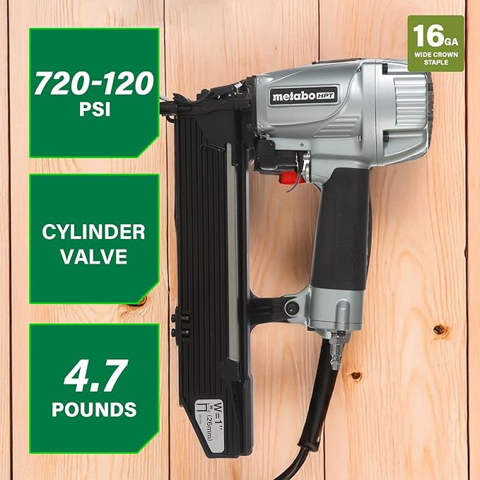 Metabo HPT Wide Crown Stapler, Pro-Preferred Pneumatic Power Nailers, Lathing Tool for Sheathing & Insulation, Quick Response, 16 Gauge, Up to 150 1" Wide Crown Staples, Length 1" to 2", N5024A2