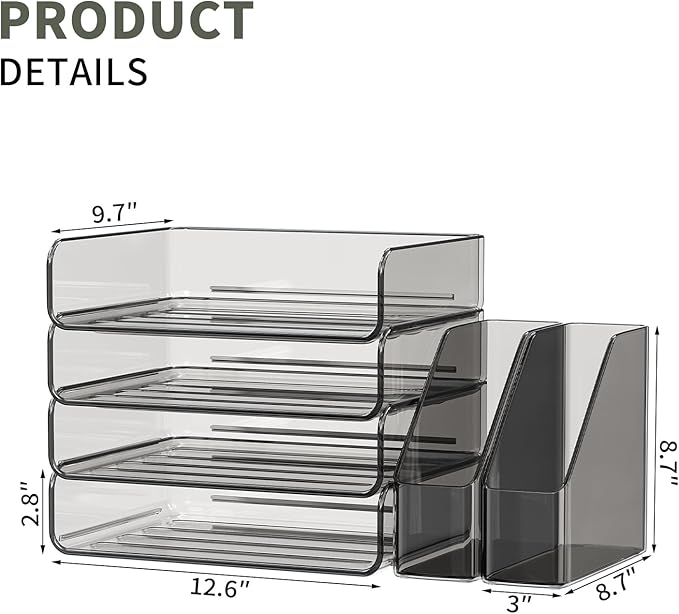 Acrylic Paper Organizer with Movable Bookends, 4-Tier Stackable Paper Tray for Desk, Brown Clear File & Letter Tray Organizer Office