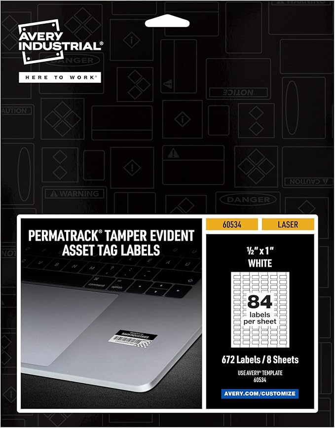Avery White Asset Tag Labels, 1/2" x 1", Tamper-Evident Laser Printable Tags, 672 Waterproof Labels (60534)