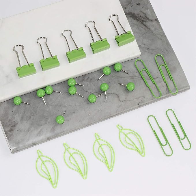 Cute Thumb Tacks Paper Clip Binder Clips Push Pins Set Assorted Size Metal Clips in Plastic Holder Decorative Desk Accessorries (Green)