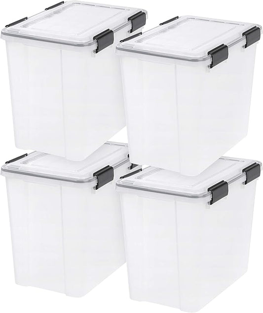 IRIS USA WeatherPro 32 Qt Storage Bins with Lids, 4 Pack, BPA-Free Plastic Gasket Box with Tight Latch and Seal, Stackable Nestable Tote Tub - Clear/Black
