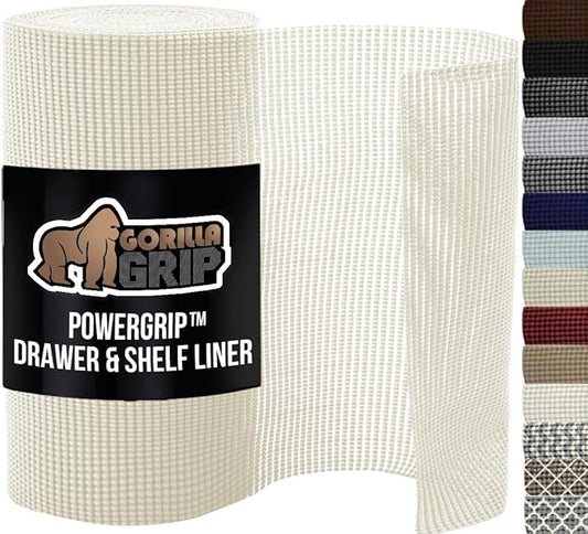 GORILLA GRIP powerGRIP Drawer Shelf and Cabinet Liner, Thick Strong Hold, Non-Adhesive Liners Protect Kitchen Cabinets and Cupboard, Bathroom Drawers, Easy Install, Breathable Mat, 24" x20' Snow White