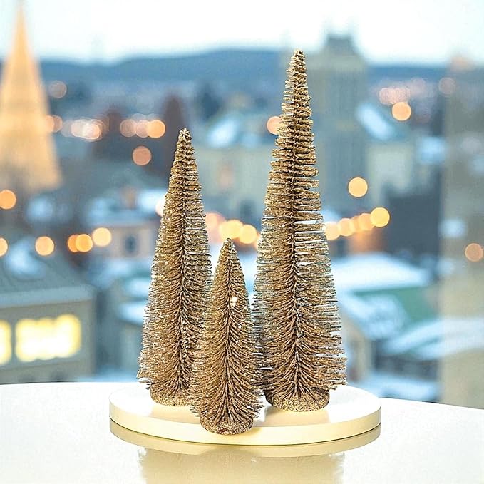 RAZ Imports Set of 3 Bottle Brush Trees – 17”, 14”, 9” Modern Christmas Holiday Winter Décor – Glittery Tabletop Mini Trees for Home Office Shelf Desk Mantel Fireplace Decoration (Gold Glittered)