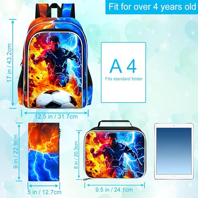 gxtvo 3PCS Soccer Backpack for Kids, 17" Boys School Bookbag with Lunch Box, Water Resistant Lightning Bag Middle Elementary - Fire & Lightning Soccer Player