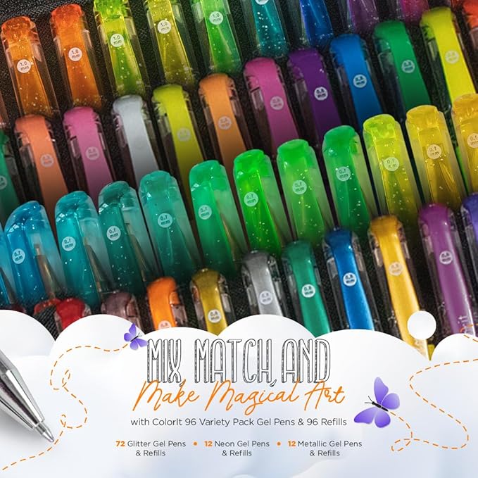 ColorIt Gel Pens Set for Coloring – 192 Pack with 12 Metallic, 12 Neon, 72 Glitter Gel Pens - 96 Refills & 2 Travel Cases - Vibrant Colors for Journaling, Writing, Coloring Books, & Creative Projects