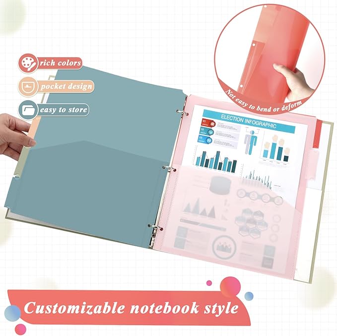 3 Sets 5 Tab Binder Dividers with Pockets for 3 Ring Plastic Binders 9.3 x 11.2 Inches 3 Hole Punched Page Dividers Sturdy Colorful Divider for Office School Business Home Organizer (Vintage Color)