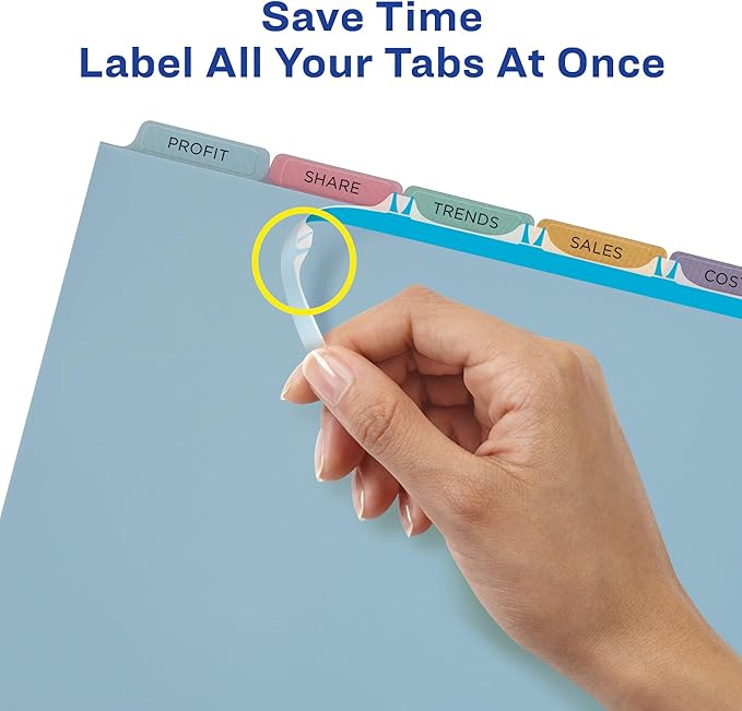 Avery 5 Tab Plastic Dividers for 3 Ring Binder, Easy Print & Apply Clear Label Strip, Index Maker Customizable Multicolor Tabs, 5 Sets (11452)