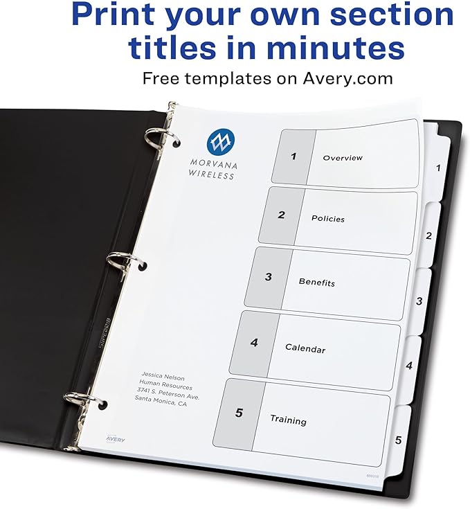 Avery Dividers for 3 Ring Binders, 5 Tabs per Set, Customizable Table of Contents, Classic White Tabs, Great for Organizing Reports, Projects, and More (11130)