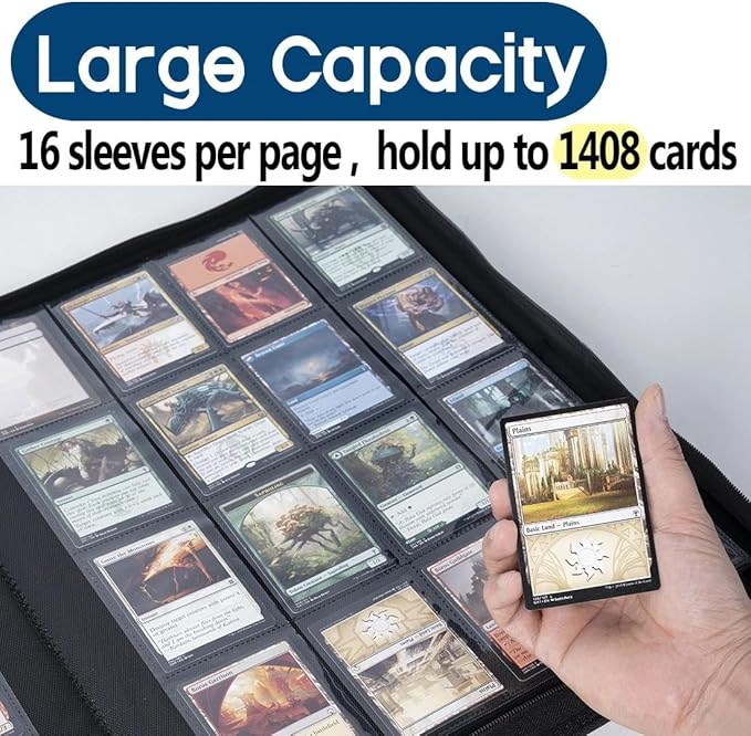 16 Pocket Trading Card Binder,Zipper Card Holder Album Holds up to 1408 Cards with 44 Sleeves, Label Design，Card Collection Binder for TCG Card/Game Cards/Sports Card -Red