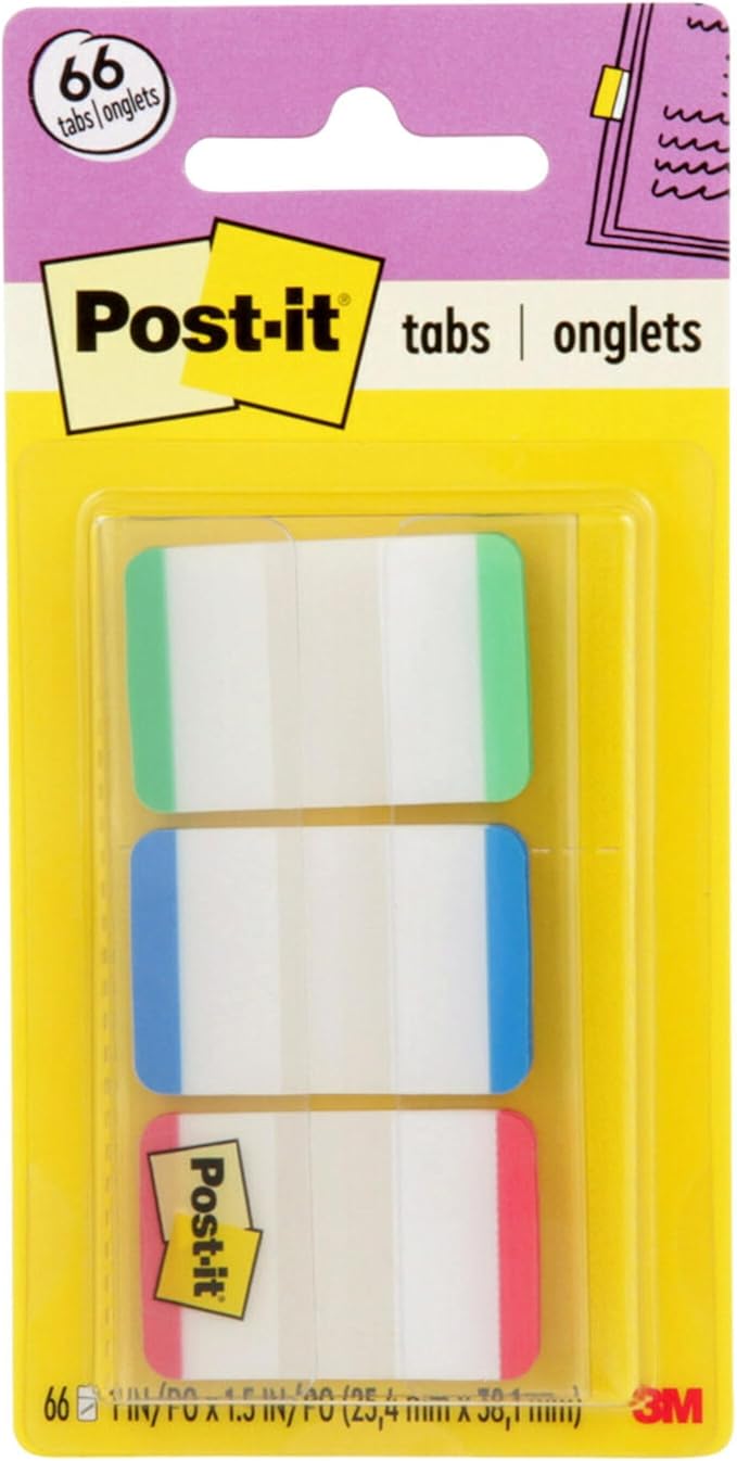 Post-it Tabs, 1 in, Lined, Green, Blue, Red, 22 Tabs/Color, 66 Tabs/On-The-Go Dispenser (686L-GBR)