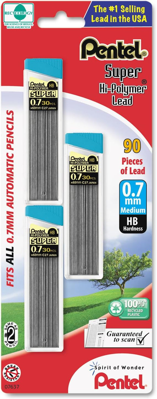 Pentel C27BPHB3K6 Super Hi-Polymer Lead Refills, 0.7mm, HB, Black, 30/Tube, 3 Tubes/Pack