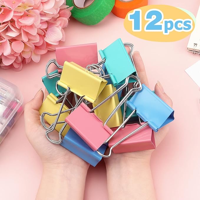 ZZTX Extra Large Binder Clips Paper Clamps Clips Assorted Color, 2.0 Inches, 12 Pieces
