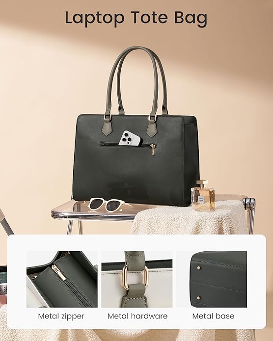 LOVEVOOK Laptop Tote Bag for Women - PU Leather Vintage Work Tote Bag,Waterproof Business Teacher Bag with Large Cup Holder
