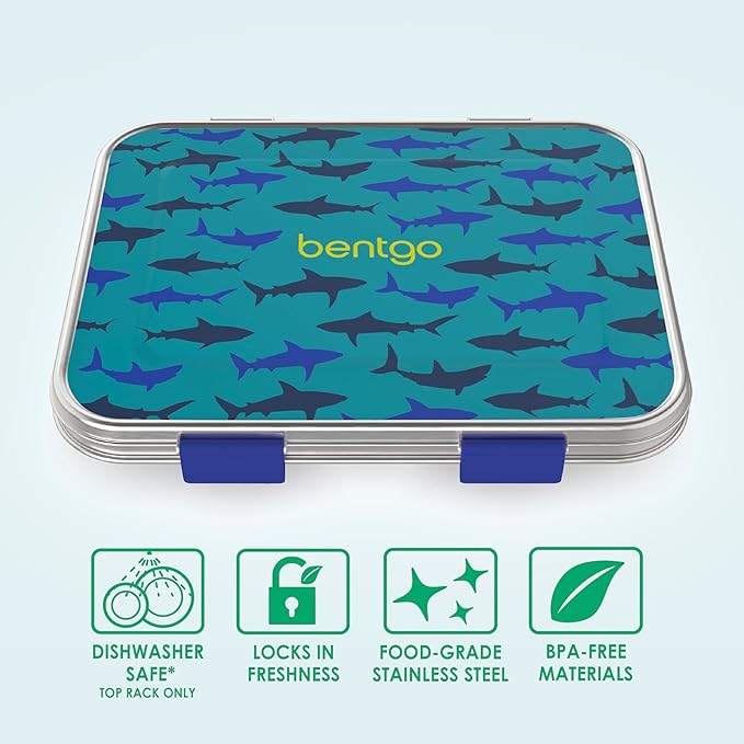 Bentgo Kids Stainless Steel Prints Leak-Resistant Lunch Box - 3-Compartments with Bonus Silicone Container, Durable, Eco-Friendly, Dishwasher Safe, BPA-Free, Ideal for School, Ages 3+ (Shark)