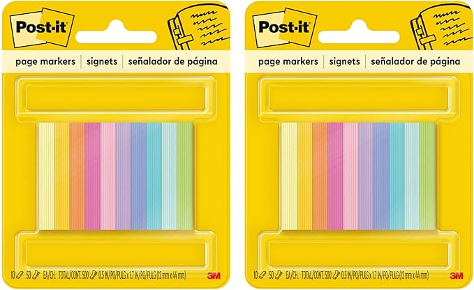 Post-it Page Markers, Assorted Bright Colors, 1/2 x 2-Inches, 50-Markers/Pad, 10-Pads/Pack, 2-Pack