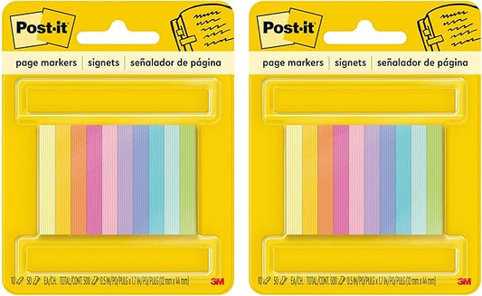 Post-it Page Markers, Assorted Bright Colors, 1/2 x 2-Inches, 50-Markers/Pad, 10-Pads/Pack, 2-Pack
