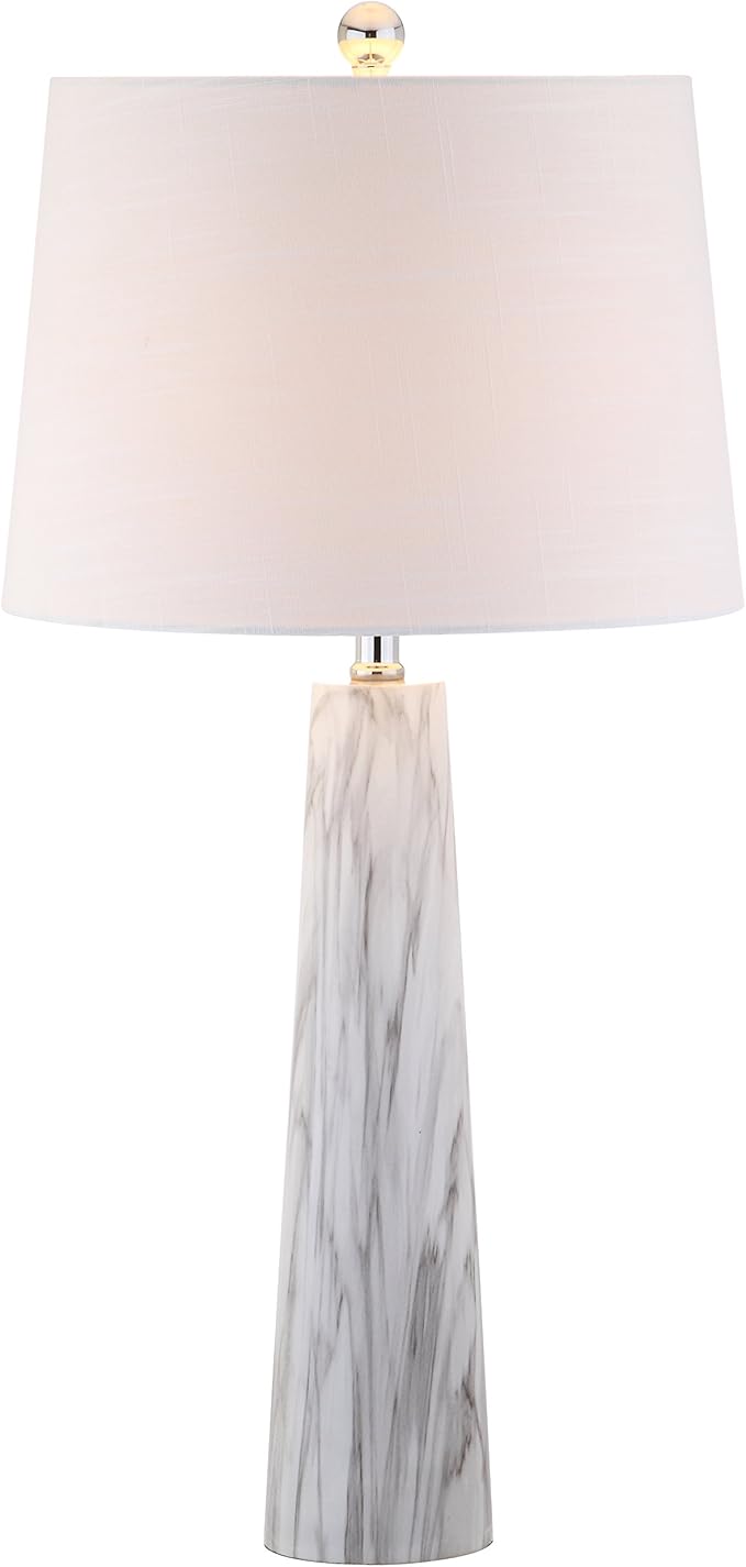 JONATHAN Y 29" White/Black Faux Marble Resin Table Lamp, Modern Glam Bedside Nightstand Lamp for Living Room, White Linen Drum Shade, UL Listed, LED Bulb Included JYL1002A