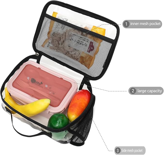 Insulated Lunch Box for School, Thermal Reusable Durable Freezable Lunch Bags for Kids Boys Girls Men Women - Small Soft Cooler Portable Lunch Tote Kit for Work Picnic Travel,Clear Black