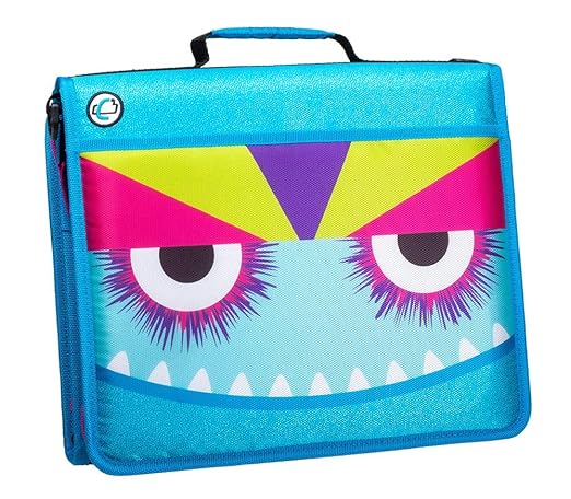 Case-it The Z Shape Zipper Binder - Two Binders in One - Double Sided 1.5 Inch D-Ring - Multiple Pockets - 500 Page Capacity - Comes with Shoulder Strap, Monster Design Z-176-ME