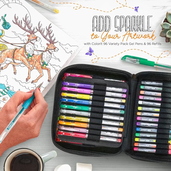 ColorIt Gel Pens Set for Coloring – 192 Pack with 12 Metallic, 12 Neon, 72 Glitter Gel Pens - 96 Refills & 2 Travel Cases - Vibrant Colors for Journaling, Writing, Coloring Books, & Creative Projects
