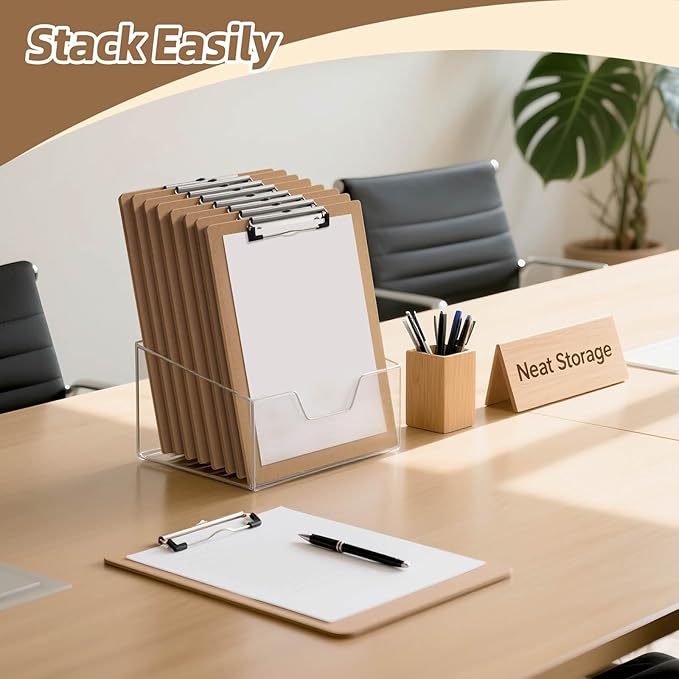 HappyHapi 10 Pack Clipboard 8.5 x 11 Letter Size Clip Boards Bulk, A4 Wooden Hardboard Office Clipboards Pack for Classroom, Work-Meetings, Brown