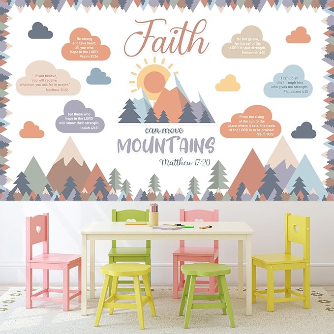 gisgfim 40Pcs Faith Can Move Mountains Bulletin Board Set Moving Mountains Bulletin Board Decor Religious Inspirational Cutouts VBS Vacation Bible School Cutouts for School Classroom Wall Decor