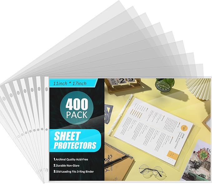 Glenmal 400 Pack Sheet Protectors 11 x 17 Inch 3 Hole Clear Heavy Duty Page Protectors for 3 Ring Binder, Plastic Sleeves for Binders
