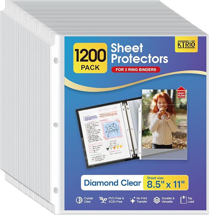 KTRIO Sheet Protectors for 3 Ring Binder 1200 Pack, Clear Page Protectors 8.5 x 11, Plastic Binder Sleeves for Paper, Top Loading, Office Home School