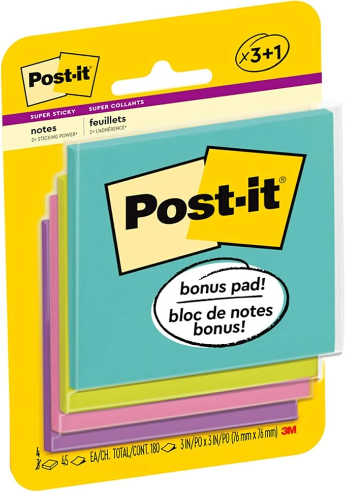 Post-it Super Sticky Notes, 3x3 in, 4 Pads, 2X The Sticking Power, Miami Collection, Neon Colors (Orange, Pink, Blue, Green), Recyclable(3321-SSAN-B)