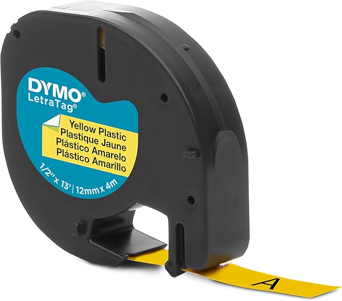 DYMO LetraTag Labeling Tape for LetraTag Label Makers, Black Print on Yellow Tape, 1/2'' W x 13' L, 1 roll (91332)