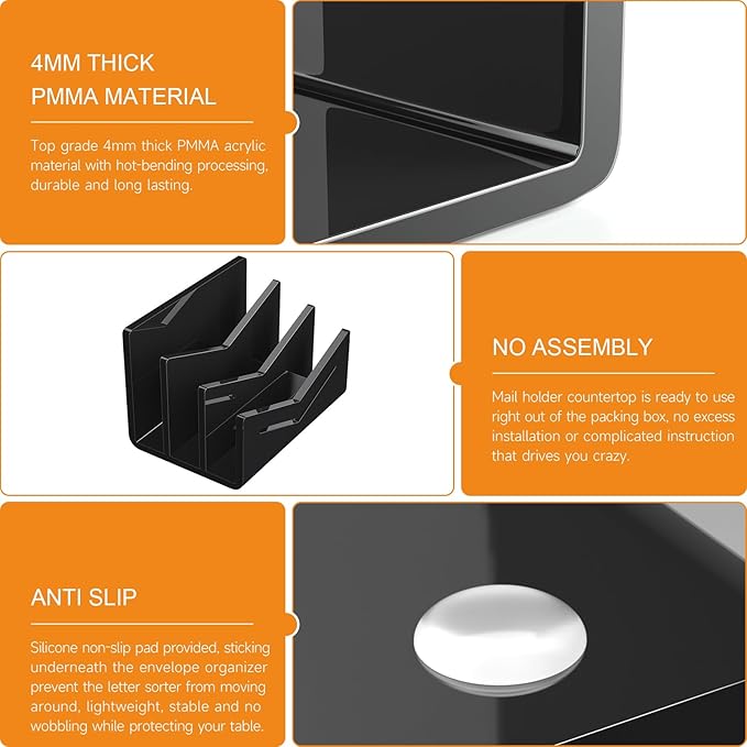 Beego Envelope and Mail Organizer Countertop - 3 Compartments Black Acrylic Desk Organizer Letter Holder Desktop File Sorter Bill Document Folder Rack for Office, Home, School Desk Organization