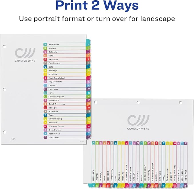 Avery A-Z Dividers for 3 Ring Binders, 26 Tabs per Set, Customizable Table of Contents, Multicolor Arched Tabs, Great for Organizing Reports, Projects, and More (12 Sets of 11844)