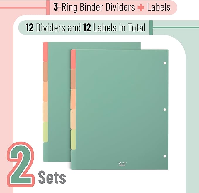 Mr. Pen- Binder Dividers with Tabs, Pack of 2 Sets (12 Dividers Total), Plastic, 3 Ring