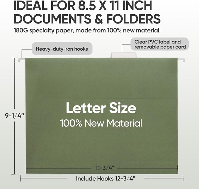 BALEINE 16PK Hanging File Folders, Letter Size Hanging Folders with 1/5-Cut Tabs for Filing Cabinets, File Boxes (16PK, Letter Size)