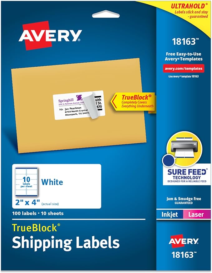 Avery Printable Shipping Labels with Sure Feed, 2" x 4" Customizable Stickers, White, 100 Blank Mailing Labels, Great for Mailing, Shipping, and More (18163)