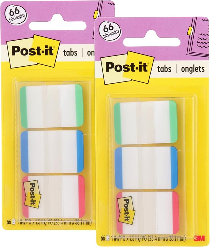 Post-it Tabs, 1 in, Lined, Green, Blue, Red, 22 Tabs/Color, 66 Tabs/On-The-Go Dispenser (686L-GBR) (Pack of 2)