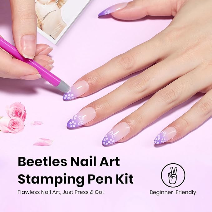 Beetles 10Pcs Nail Art Stamp Pen Set Flower Butterfly Rose Different Patterns Nails Transfer Pen with Clean Up Brush Palette Holder Nail Art Brushes Kit Manicure Design Tools DIY Nails Supplies